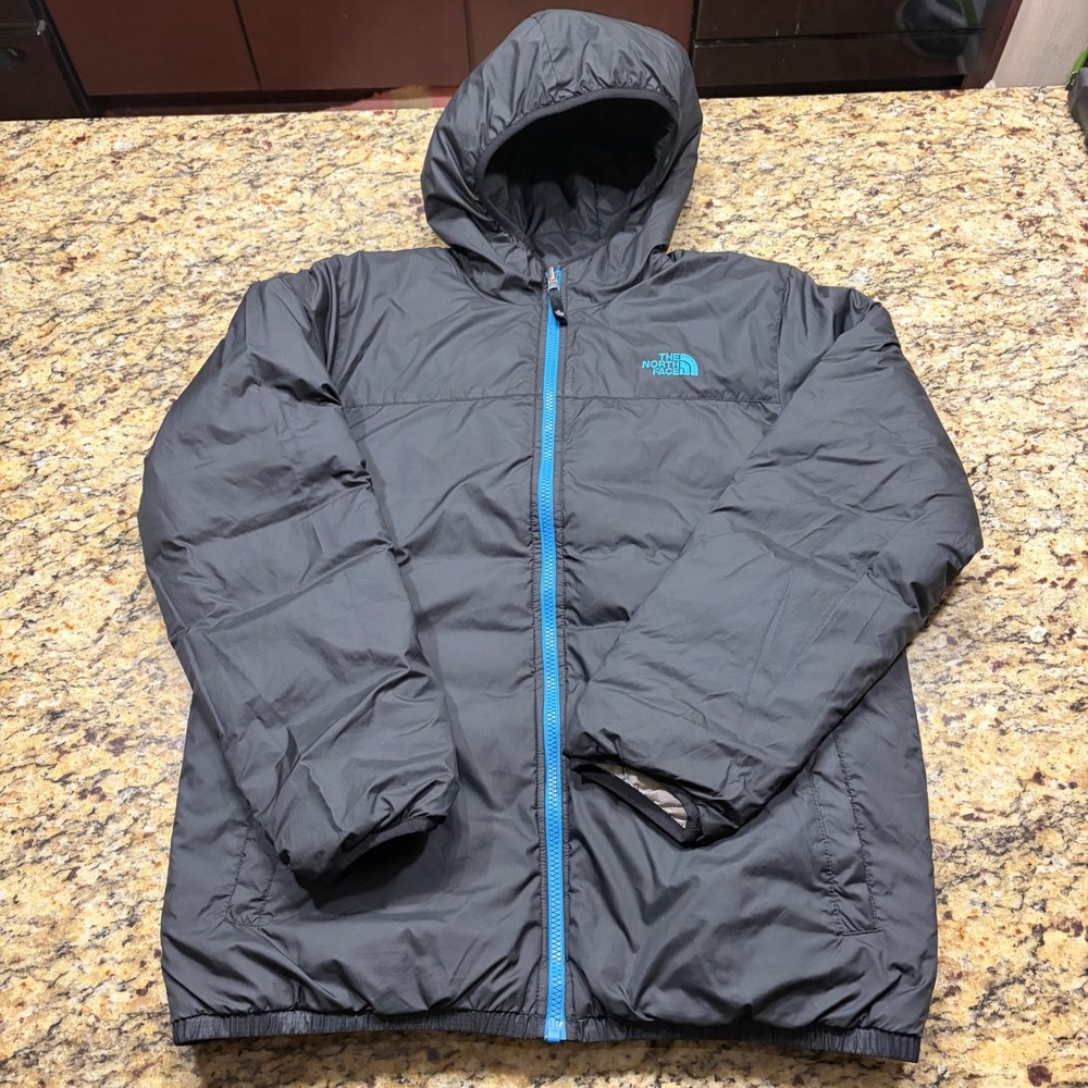 The North Face Reversible 550 Down Puffer Jacket Boys XL 18/20 Black Grey Blue